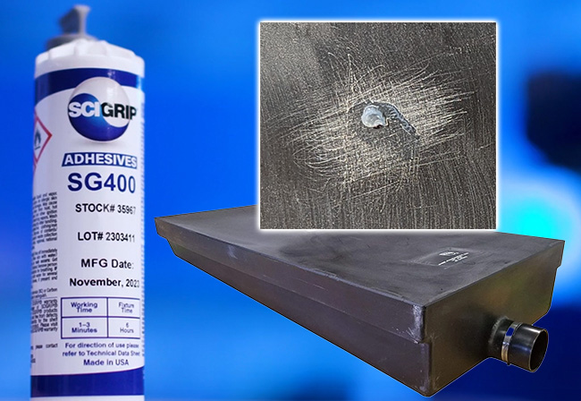 SCIGRIP SG400 cartridge beside a bonded metal tank repair sample