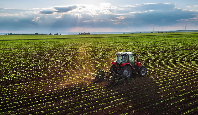 Tractor working across a green field, seen from the air