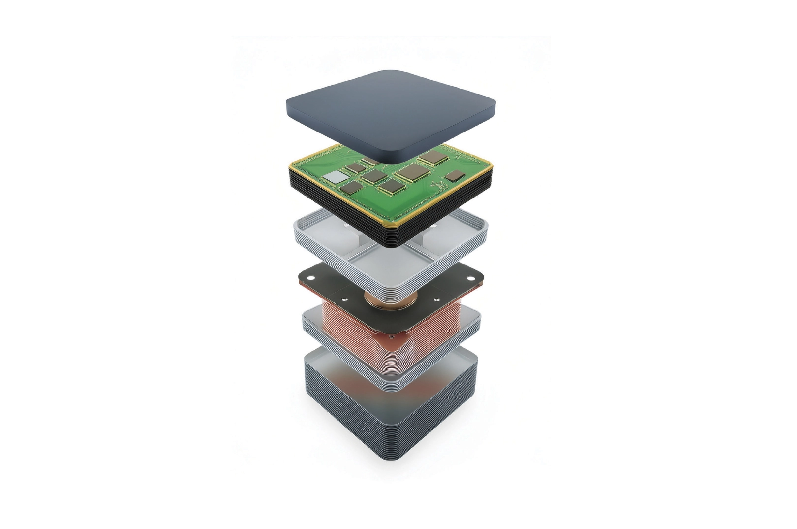 Exploded illustration of a layered electronic product assembly