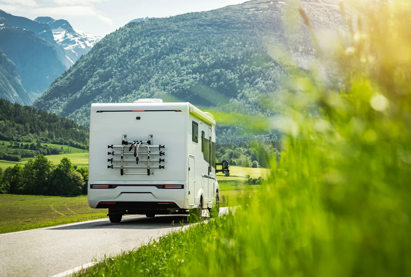 Motorhome driving along a mountain road