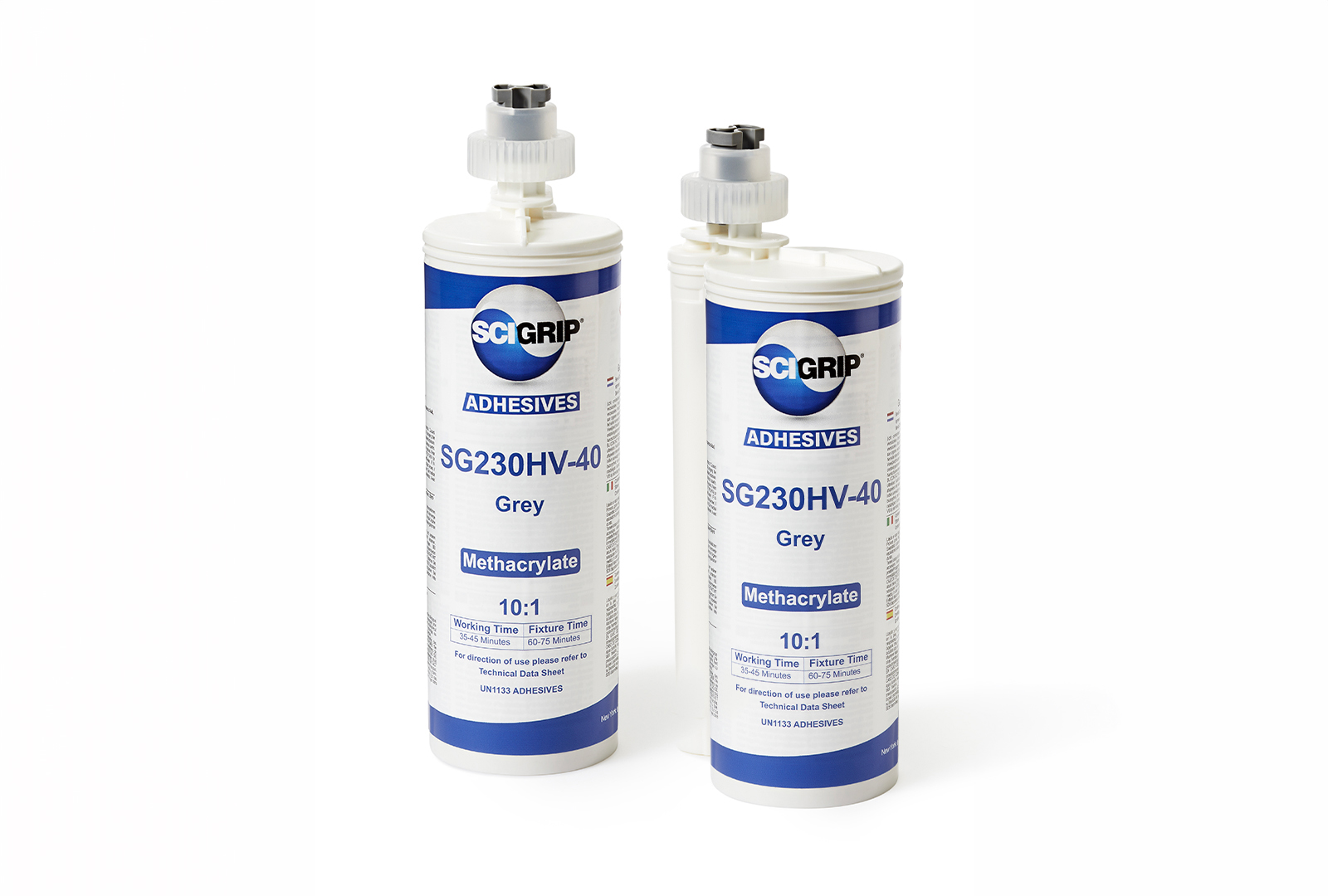 Two SCIGRIP SG230HV-40 Grey adhesive cartridges