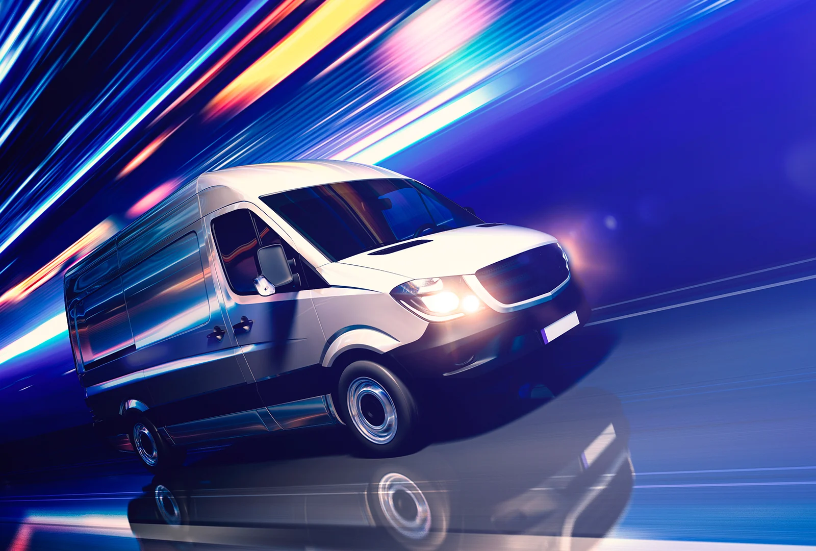 White panel van in motion against a blue light-streaked background
